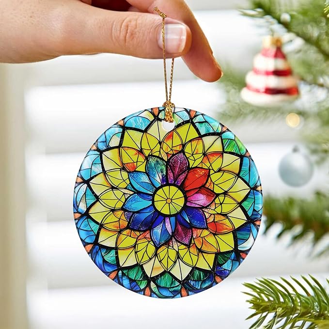 Flower Ornament – Christmas Decoration & Christmas Ornament; Round Ceramic (Holiday Present, Bauble Present, Gift Idea, and Gift Exchange) | Heirloom Keepsake
