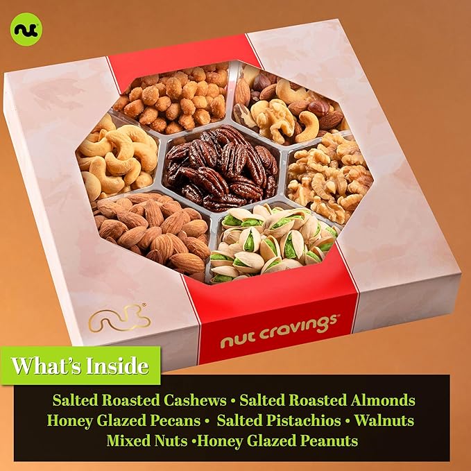 NUT CRAVINGS - Diwali Sweets Hamper Mixed Nuts Gift Basket in Red Gold Box (7 Assortments, 1 LB) Food Arrangement, Healthy Snack Care Package, Food Assortments