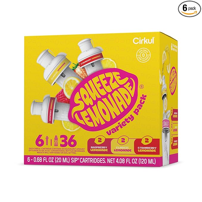 Cirkul Squeeze Lemonade B-Vitamins Flavor Water Variety Pack, Makes 36 Drinks, No Sugar, Zero Calorie Drink Mix, (2 Classic, 2 Strawberry, 2 Raspberry)