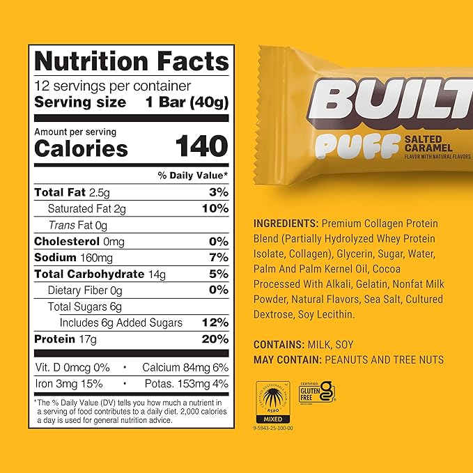 Built Bar, Puff Protein Bars, Salted Caramel Puff, 17g Protein Snacks, On-The-Go Bars, Only 140 Calories, 6g Sugar, Collagen, Gluten Free, 12 Count