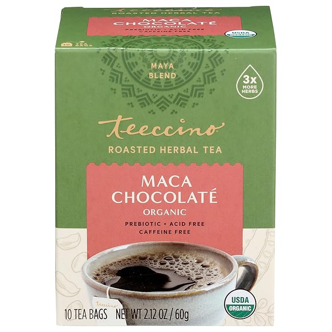 Teeccino Maca Chocolaté Herbal Tea - Rich & Roasted Herbal Tea That’s Caffeine Free & Prebiotic with Natural Energy from Adaptogenic Peruvian Maca, 10 Tea Bags