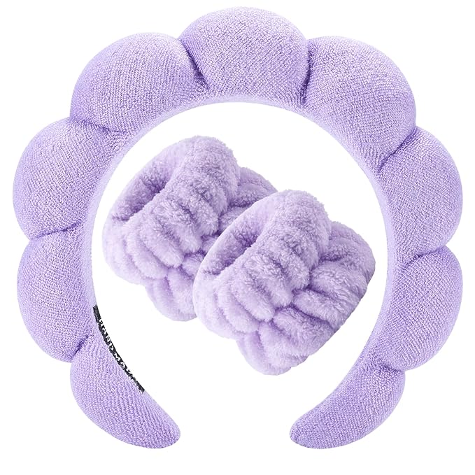 Zkptops Spa Headband for Washing Face Wristband Set Sponge Makeup Skincare Headband Terry Cloth Bubble Soft Get Ready Hairband Women Girl Puffy Padded Headwear Non Slip Thick Hair Accessory(Purple)