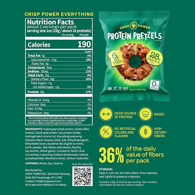 Crisp Power Protein Pretzels, Variety Pack With Sea Salt, Sesame, & Everything, Vegan Keto Snack, Plant Based Protein, Low Carb Crunchy Pretzel Snacks, Sugar Free, No Seed Oils, 1.75 Oz Bags, 24 Pack