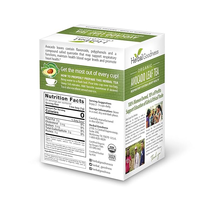 Avocado Leaf Tea - Organic Avocado Green Tea Bags, Rich in Calcium, Nutrient Dense, Respiratory & Heart Support - 24 Teabags in 6 Packs - Herbal Goodness