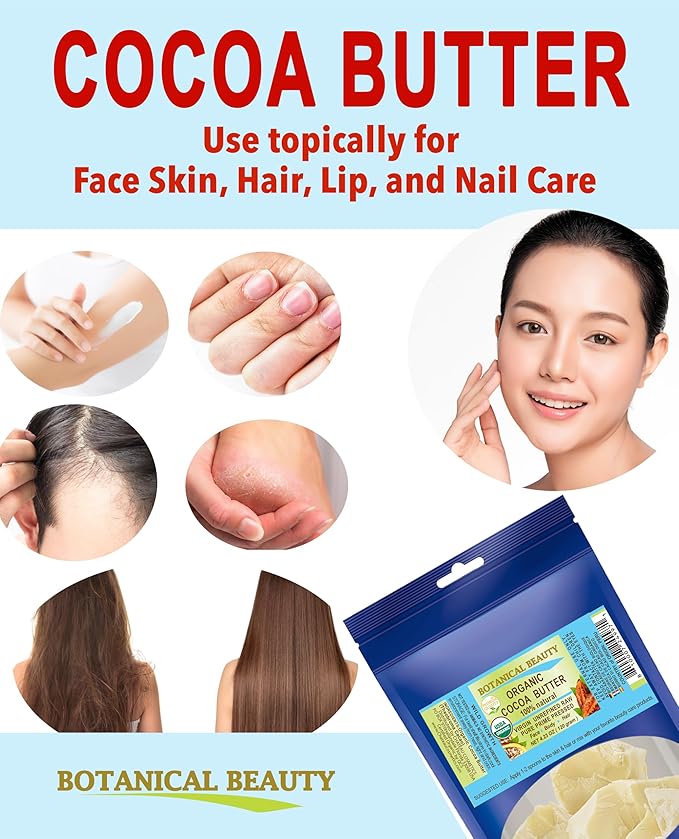 Botanical Beauty Organic COCOA BUTTER WILD GROWTH RAW VIRGIN UNREFINED from BRAZIL for Face, Skin, Hair, Body, Nails 4.23 oz 120 gram. Rich in Vitamin E