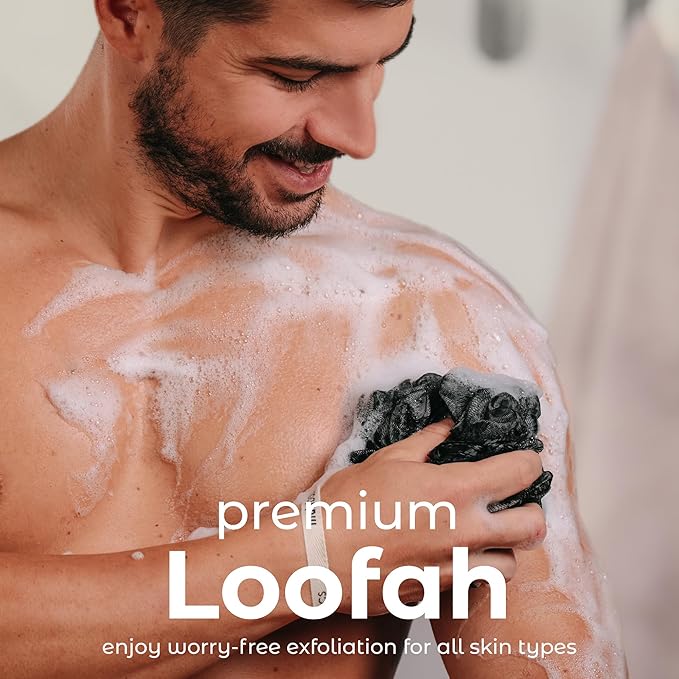 MainBasics Bath Shower Loofah Sponge Pouf Body Scrubber Exfoliator Body Wash Sponge (Set of 3, Black Ice)