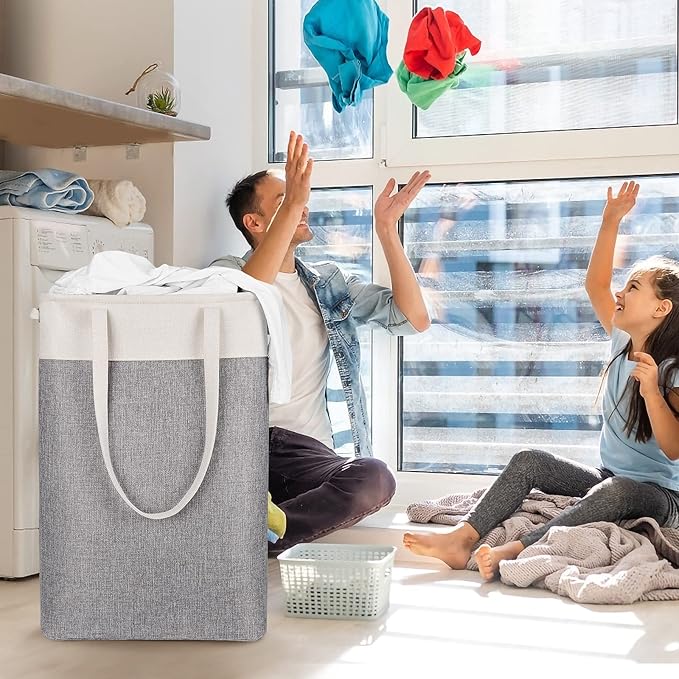 Collapsible Laundry Baskets Double Laundry Hampers Large Foldable Laundry Basket Organizer with Straps Beig Gray Cloth Laundry Hamper for Dirty Clothes,QY-SC22-2