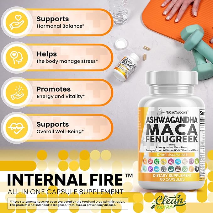 Clean Nutraceuticals Ashwagandha Maca Root Fenugreek Supplement with Tongkat Ali Ginseng - Assists with Stress, Mood & Thyroid - Ashwagandha Capsules Fenugreek Caps - 1 Pack