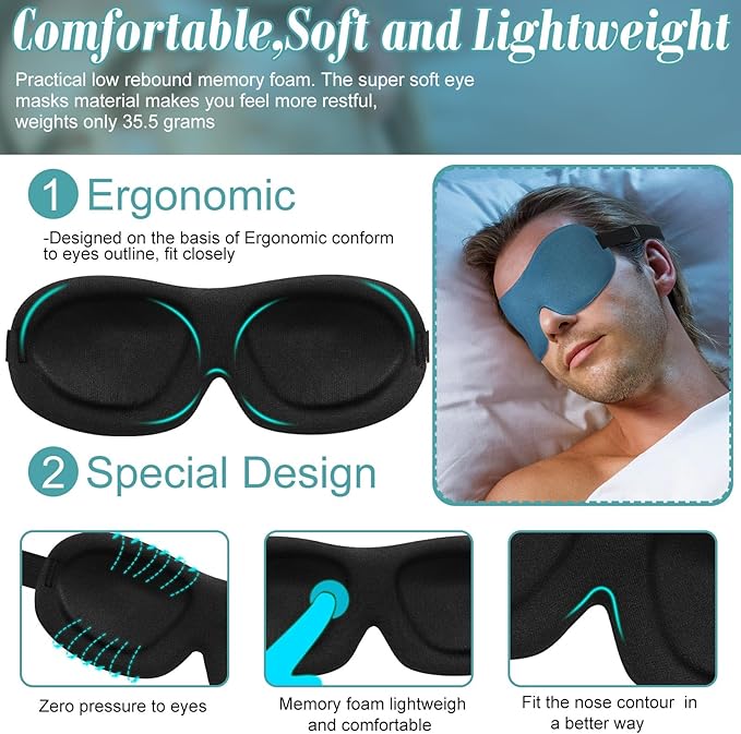 Bencailor 8 Pcs Sleep Eye Mask 3D Contoured Eyes Mask Blackout Eye Covers for Sleeping with Adjustable Strap Light Night Blindfolds Soft Comfy Eyes Shade for Women Men (Medium,Solid Color)