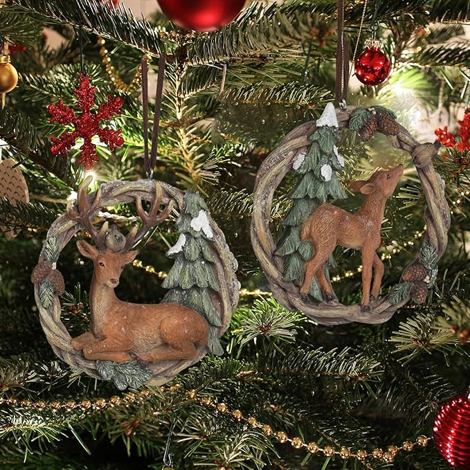 Christmas Tree Ornaments Christmas Decorations - Set of 2 Resin Christmas Woodland Deer in Wreath Ornaments Brown/Sage Green Men for Family Braxio