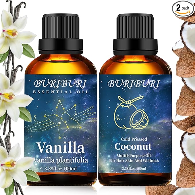 BURIBURI Pure Vanilla Essential Oil and Coconut Oil 100ml Organic Aromatherapy Oils 3.38 fl.oz Coconut Essential Oil for Diffuser Humidifier