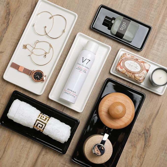 Gurygo 8" Bathroom Trays - Ceramic Vanity Tray for Bathroom - Small Ceramic Tray - Kitchen Soap Trays - Porcelain Dispenser Organizer for Kitchen Bathtub Counter (White)