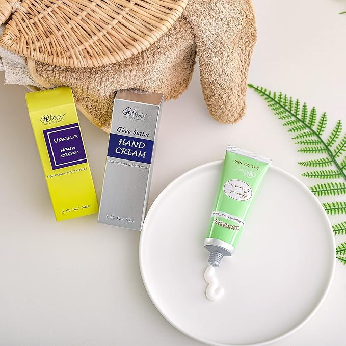 BODY & EARTH # LOVE Hand Cream Gift Set, Mothers Day Gifts for Mom Gifts, Natural Hand Cream with Vitamin E and Argan Oil for Dry Hands, 3x2.0 oz Travel Size Hand Lotion, Birthday Gifts for Women