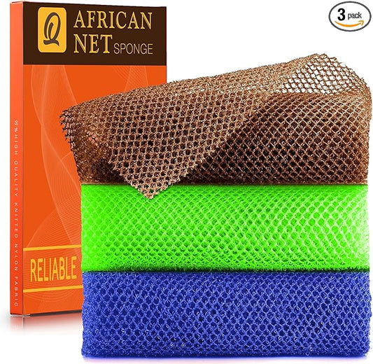 UJFQBH 3 Pieces African Bath Sponge African Net Long Net Bath Sponge Exfoliating Shower Body Scrubber Back Scrubber Skin Smoother,Great for Daily Use (Brown、Blue、Green)