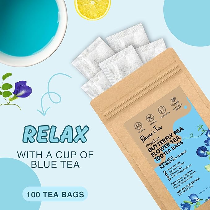 KHWAN'S TEA Butterfly Pea Flower Tea - Premium Herbal Tea Butterfly Pea Flower For Blue & Purple Natural Food Coloring, No Caffeine Tea, Sourced From Thailand