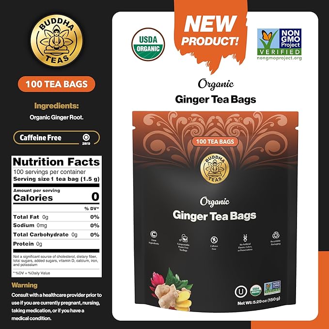 Buddha Teas - Organic Ginger Root Tea Bags - For Health & Wellbeing - With Antioxidants & Minerals - Clean Ingredients - Caffeine Free - OU Kosher & Non-GMO - 100 Non-String Tea Bags (Pack of 1)