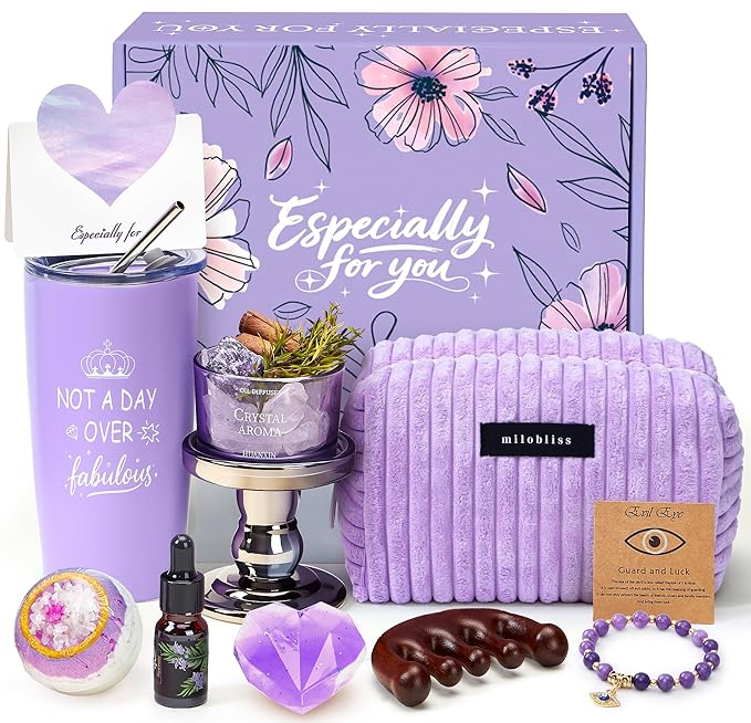 Golray Lavender Gifts for Women Friendship Gift Basket, Purple Dream Healing Fireless Aromatherapy/Thermos Set, 30th 40th 50th Women Self Care Spa Birthday Christmas Gifts for Her Sister Mom