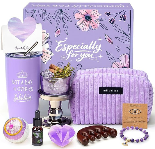 Golray Lavender Gifts for Women Friendship Gift Basket, Purple Dream Healing Fireless Aromatherapy/Thermos Set, 30th 40th 50th Women Self Care Spa Birthday Christmas Gifts for Her Sister Mom