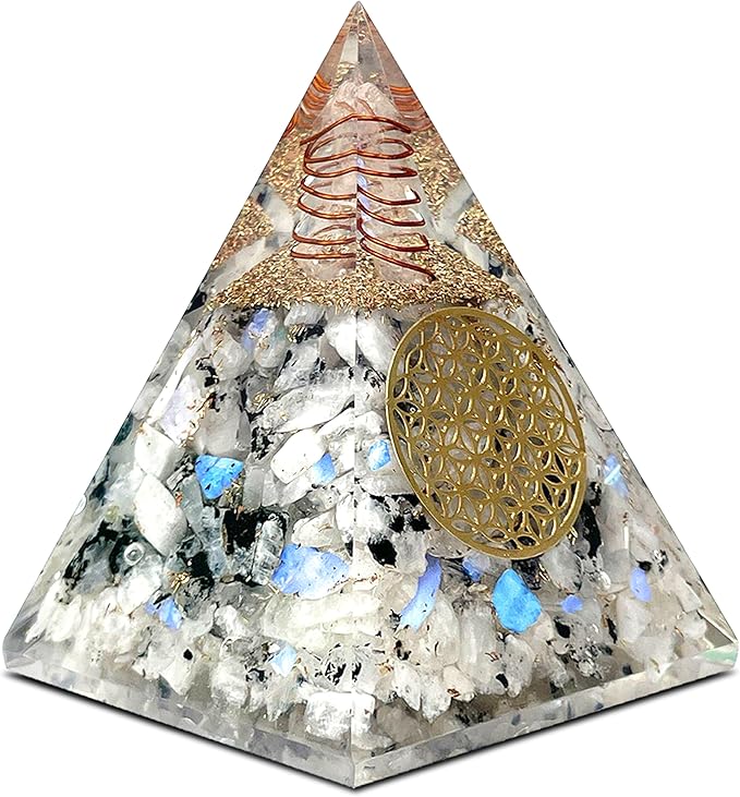 Rainbow Moonstone Orgone Pyramid – Handcrafted Healing Crystal for Positivity, Strength, Meditation, Yoga, Reiki & Chakra Balancing
