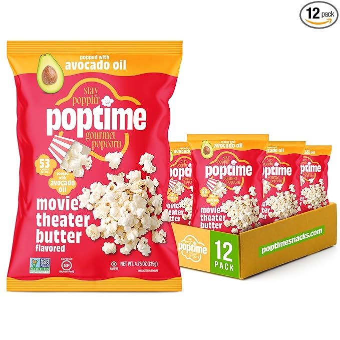 Poptime Movie Theater Butter Popcorn Snack Bags – Gourmet Flavored Popcorn Bags, Healthy Snack With Heart-Healthy Avocado Oil, Gluten Free, Vegan, Low Calorie, Non-GMO, Kosher - 4.75 oz - Pack 12