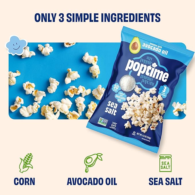 Poptime Gourmet Popcorn Snack Bags – Sea Salt Popcorn Bags, Healthy Snack Popped With Heart-Healthy Avocado Oil, Crunchy, Gluten Free, Vegan, Low Calorie, Kosher, Non-GMO - 4.5 oz - Pack 12