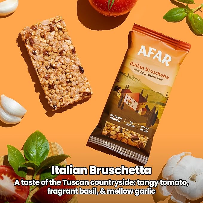 Afar Savory Protein Bars – Low Sugar, High Protein – Healthy Snacks for Adults – Meal Replacement Bar – Rice Crispy Texture – Vegan, Gluten Free (8 Bars, Italian Bruschetta)