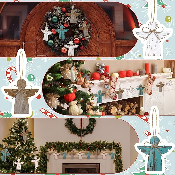 30 Pcs Angel Christmas Ornaments Bulk Wooden Rustic Farmhouse Christmas Tree Hanging Craft Decorations Small Wood Ornament Bulk White Brown Blue Ornament for Xmas Tree Home Decor