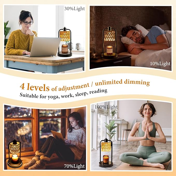 Candle Warmer Lamp with Light Timer: Electric Wax Melt Warming Lamps Dimmable for Jar Candles for Birthday Christmas Gift, Room, New House, Bedroom, Vintage Home Decor (Black + Brown Hemp Rope)