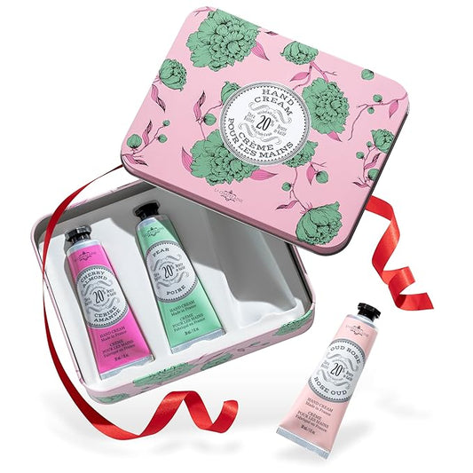 La Chatelaine Rose Hand Cream Trio Tin Gift Set, Ready-To-Gift Tin, Nautral, Made in France with 20% Organic Shea Butter, Nourishing and Moisturizing (Cherry Almond, Pear, Oud Rose)