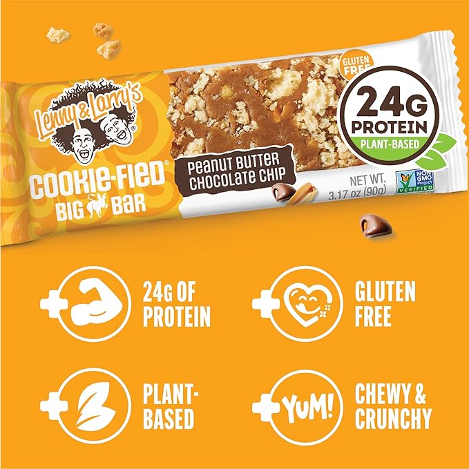 Lenny & Larry's Cookie-fied BIG BAR – Peanut Butter Chocolate Chip Vegan Protein Bars 12x90g – Healthy Snacks, 24g Plant Protein & 10g Prebiotic Fiber – Gluten free Power Bar, Keto Friendly & Vegan
