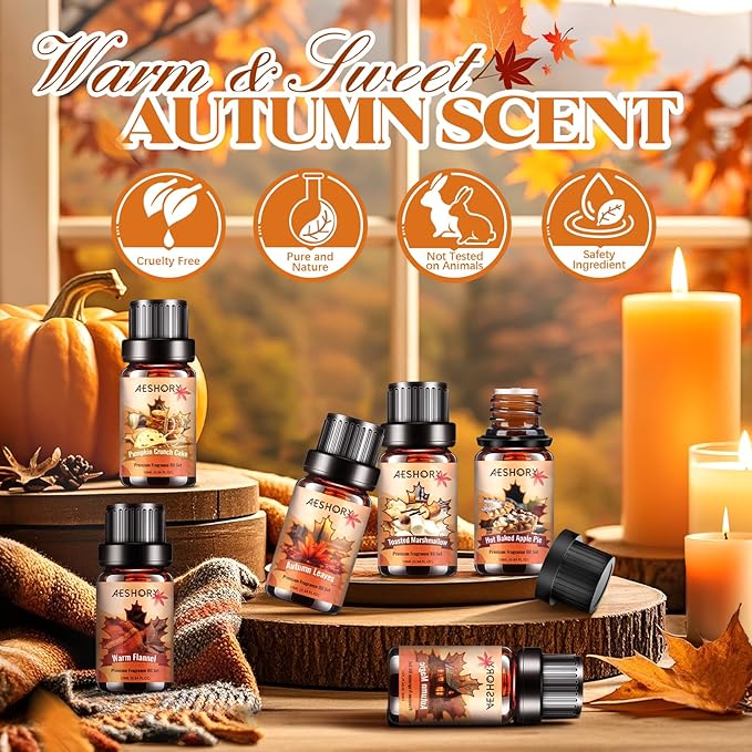 Autumn Essential Oils Set, 6 Premium Fall Fragrance Oils for Diffuser for Home, Aromatherapy Oils for Pumpkin Crunch Cake, Apple Pie, Flannel, Marshmallow, Magic,Leaves Scents for Soap Candle Making