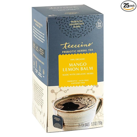 Teeccino Mango Lemon Balm - Prebiotic SuperBoost™ Herbal Tea - Support Your Probiotics with Vegan GOS & Organic XOS For Good Gut Health - Caffeine-Free, 25 Tea Bags