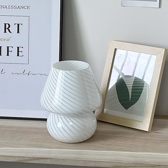 jonong Bedside Lamp Glass Striped Mushroom Table Lamp 110V Creative Gift Night Light (White)