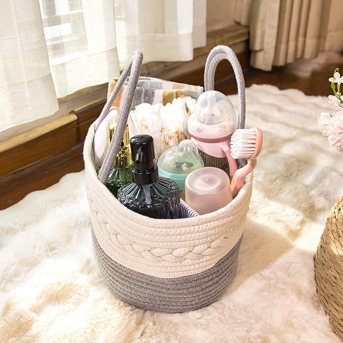 Baby Diaper Caddy Girl Boy Organizer Small Woven Baskets With Handle, Cotton Rope Tote For Shower Nursery, Decorative Small Storage Baskets For Shelves,Unique Gift Baby