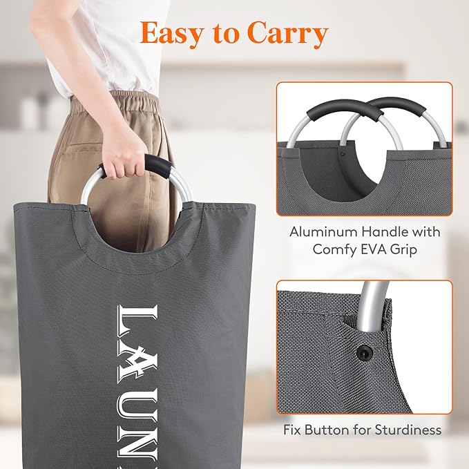 Lifewit 100L 2-Pack Large Laundry Basket, Collapsible Laundry Hamper with Aluminum Handles, Waterproof Freestanding Dirty Clothes Hampers for Laundry Room Bedroom Dorm Bathroom, Grey