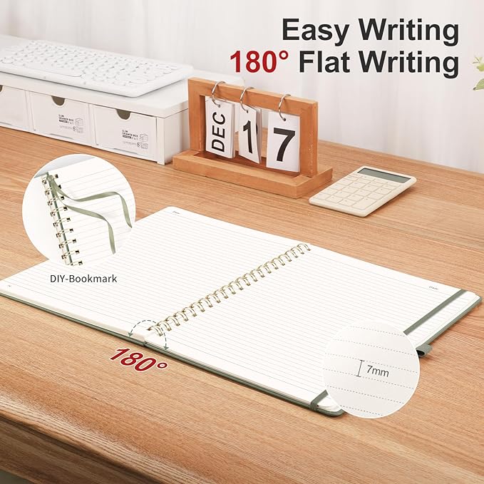 AHGXG Lined Spiral Journal Small Notebook for Women, Notebook College Ruled A5 5.7" X 8.3", 140 Numbered Pages, Hardcover Leather, Meeting Notebook for Work, School Office Supplies, Sage Green