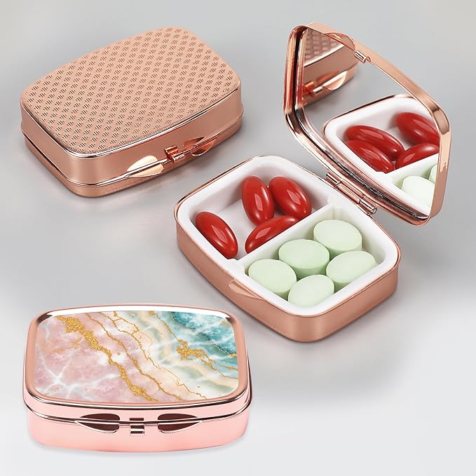 Dynippy Pill Case Pill Box with Mirror Retro Pocket 2 Compartment Medicine Case Vitamin Pill Organizer for Pocket Purse and Travel - Rose Gold-Marble Veins