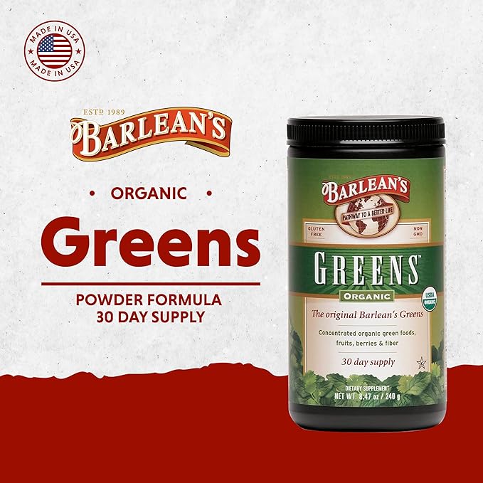Barlean's Organic Greens Powder, Daily Fruit and Vegetable Superfood Supplement with Green Food Protein, Probiotic Blend and Fiber Drink Mix, 8.47 oz