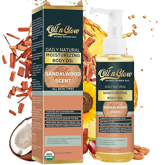 USDA Certified Organic Pure Natural Hydrating Body Oil After Shower With Coconut, Jojoba, Olive & Almond Non-Greasy Moisturizing Oil For Women & Men Dry Skin 5.07 fl oz/150ml-Sandalwood Scent