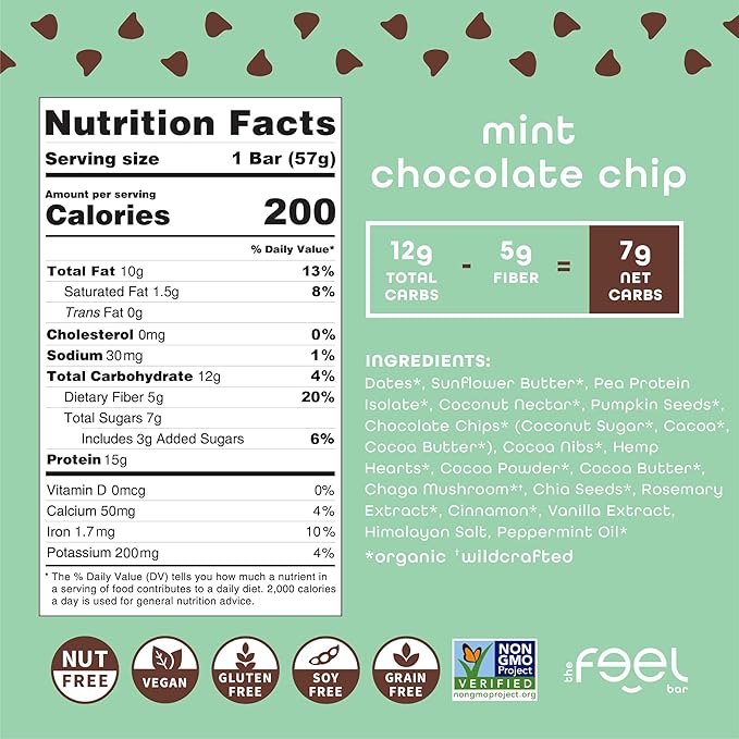 Feel Vegan Protein Bars | Mint Chocolate Chip | Keto | Gluten Free | Organic | Chaga Mushroom | 15g Plant Protein | Low Carb | High Protein | Dairy Free | Low Sugar | Grain Free | Nut Free | Soy Free