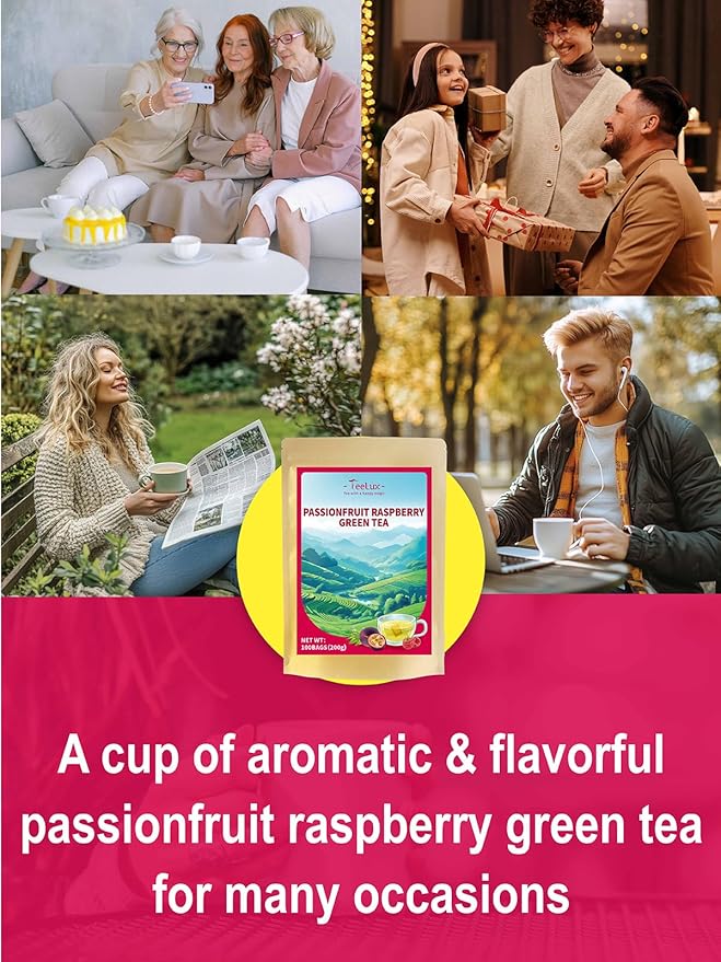 TeeLux Passionfruit Raspberry Green Tea, Passion Fruit & Raspberry Flavored Green Tea, Aromatic & Refreshing, 100 Count