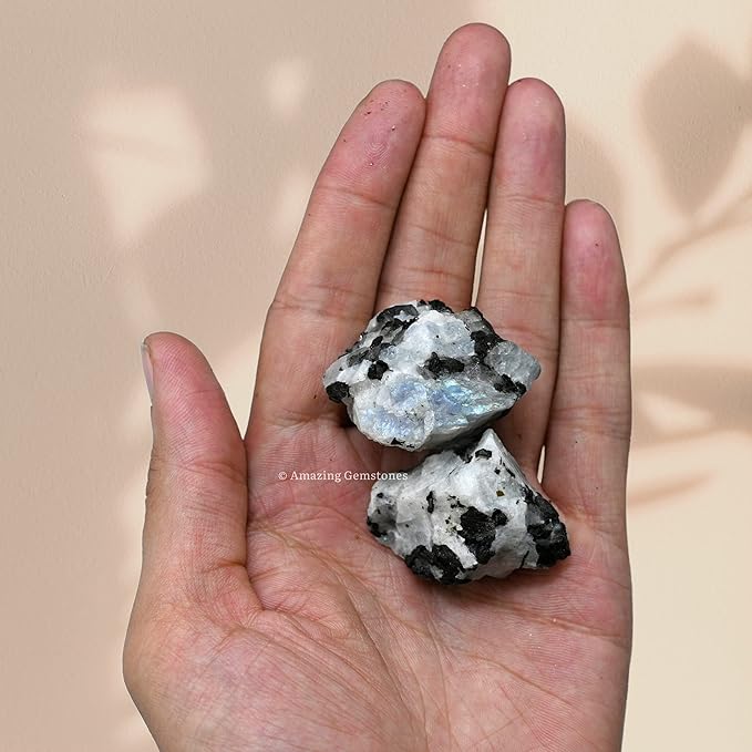 Amazing Gemstone 2 Pieces Rainbow Moonstone Raw Crystals and Healing Stones, Natural Rocks for Tumbling and DIY Raw Stones and Crystals