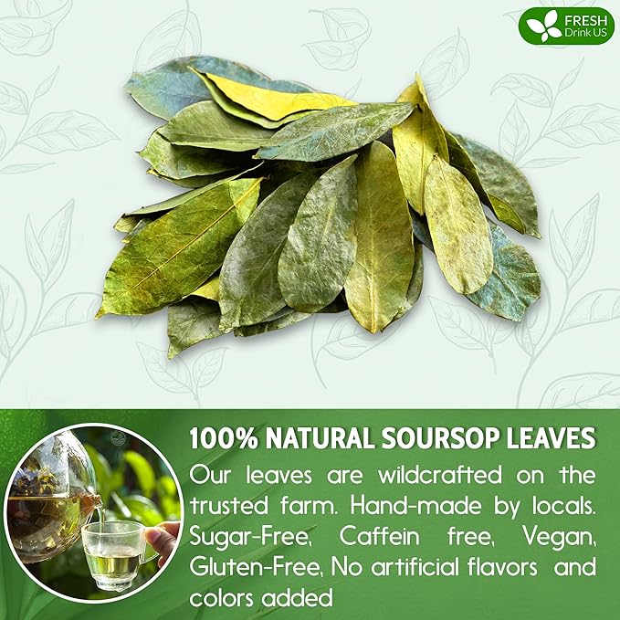 FreshDrinkUS, 330-350 Premium Soursop Dried Leaves Tea, 115 Cups, Hojas De Guanabana Whole Leaves, Wildcrafted, Graviola, Soursop, Guanabana Tea, Loose Leaf Herbal Tea, Gluten/Sugar/Caffeine Free