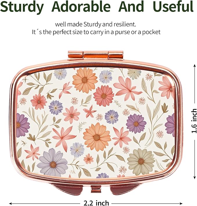 Dynippy Pill Case Pill Box with Mirror Retro Pocket 2 Compartment Medicine Case Vitamin Pill Organizer for Pocket Purse and Travel (Rose Gold-Wildflower Pattern)