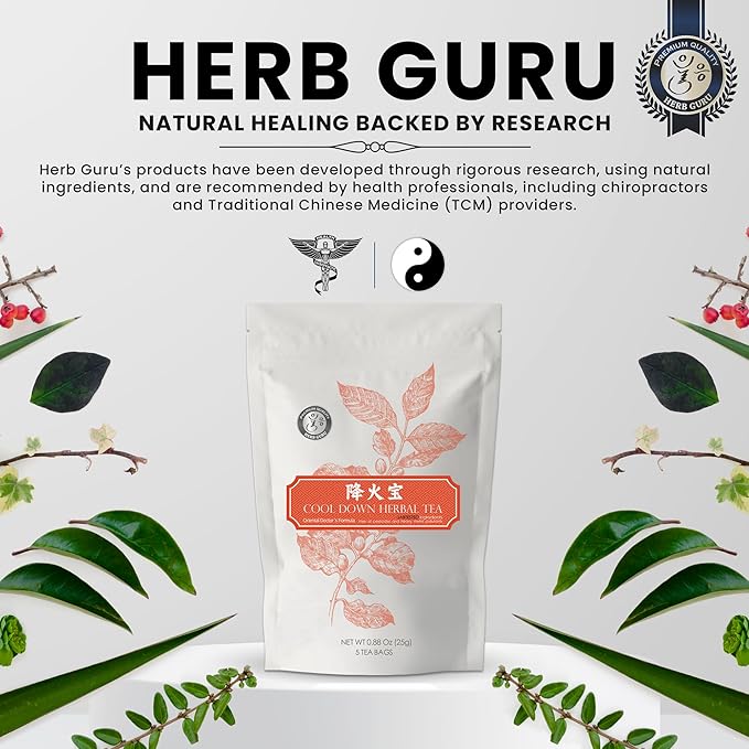 Herb Guru Cool Down Herbal Tea Bags – Herbal Heat Relief, Supports Inflammatory Response & Mood Balance with Isatis, Chrysanthemum, Honeysuckle & Licorice Root – Caffeine Free Tea, 0.88 Ounces