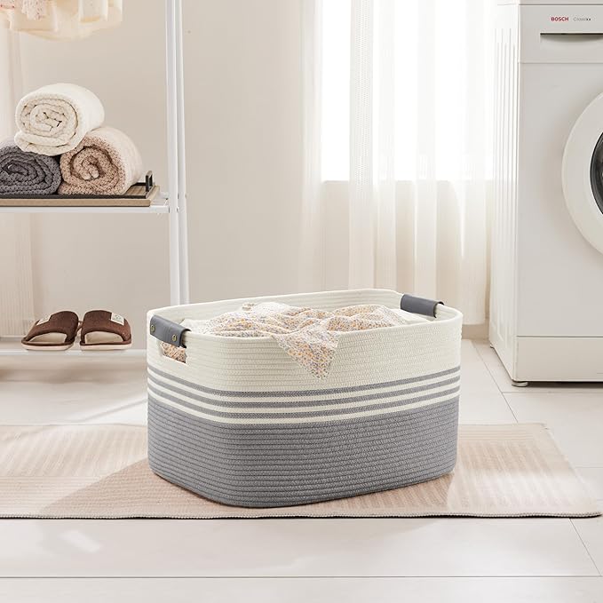 60L Large Laundry Basket with Leather Handles for Living Room Storage, Woven Rope Baskets Bin for Blanket, Kids Toy, Gifts, Wicker Hamper for Bedroom Dirty Clothes, 21"x15"x11" White Grey