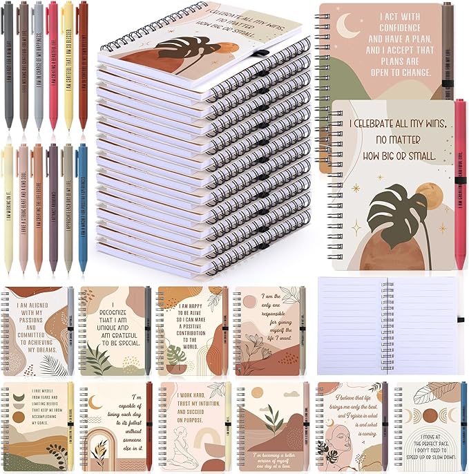 Kosiz 24 Pcs/12 Set Positive Affirmation Gifts Gratitude Spiral Notebooks with Pens Motivational Encouragement Notepads Daily Affirmations Journal for Women (Rainbow)