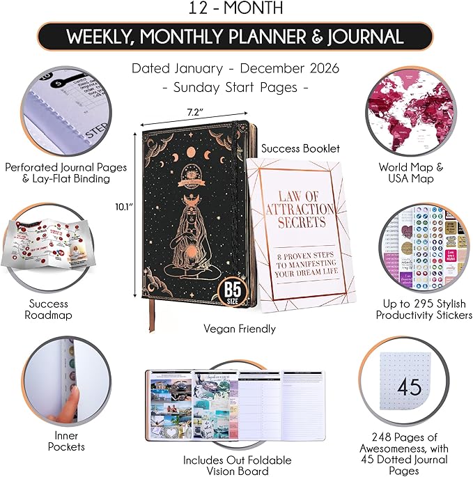 2026 Planner Weekly and Monthly | Law of Attraction Planner with Panduo App | A 12 Month Journey for Productivity, Gratitude & Goal Setting | Includes Foldable Vision Board, Gift Box & Stickers