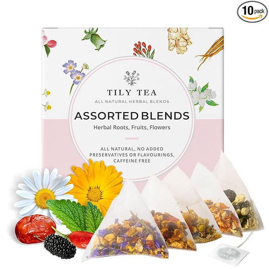 Tily Tea Assorted Herbal Tea Box - 5 Flavors of Caffeine-Free Tea - Morning Shine, Through the Day, Evening Calm, Perfect Pairing, Radiant Glow - 10 Plastic-Free Pyramid Tea Bags