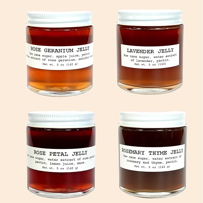Four Pack Herbal Jam and Jelly Gift Set | Lavender Jelly | Rose Geranium Jelly | Rose Petal Jelly | Rosemary Thyme Jelly | 4-pack - 5 oz Jars | Mini Jam Jars Gift - Unique Gourmet Flavors